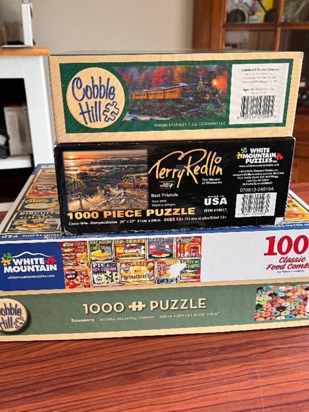 Lot of 4 Cobble Hill White Mountain 1000 Pc Puzzles Classic Food Terry Redlin +